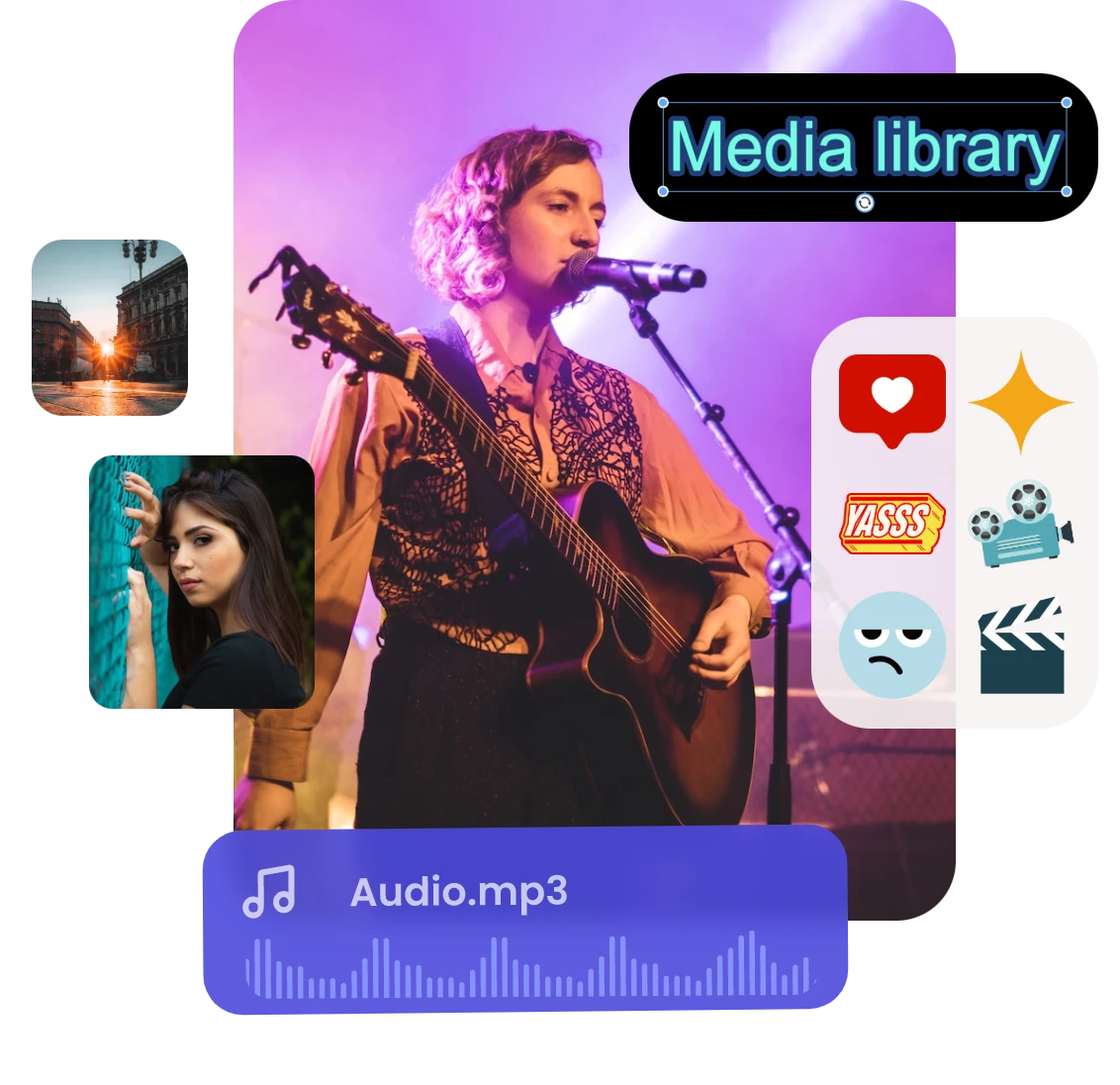 personalize a youtube video of a performing girl with images text audio and stickers