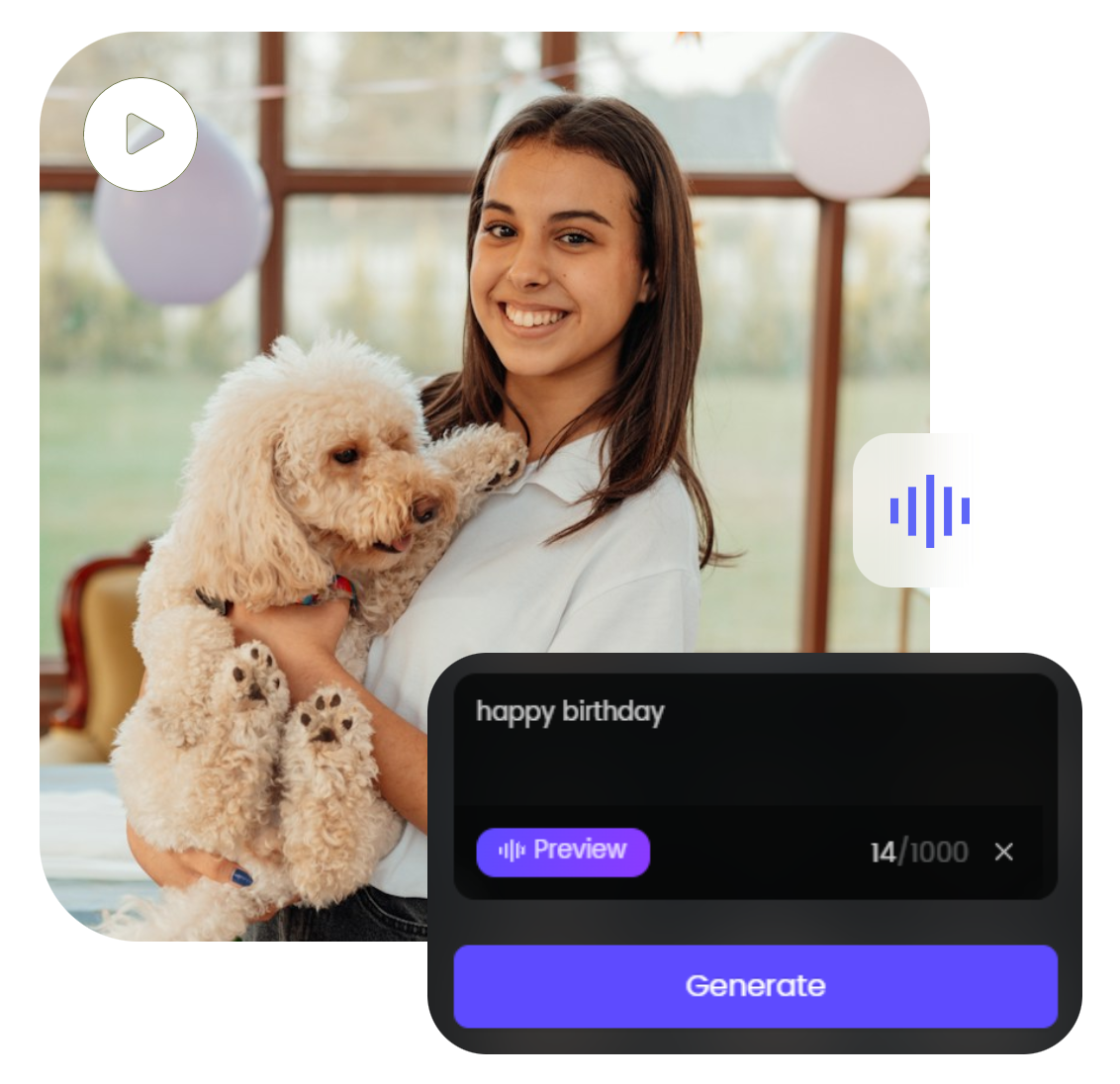 clipfly text to speech converter to describe a lady holding a dog