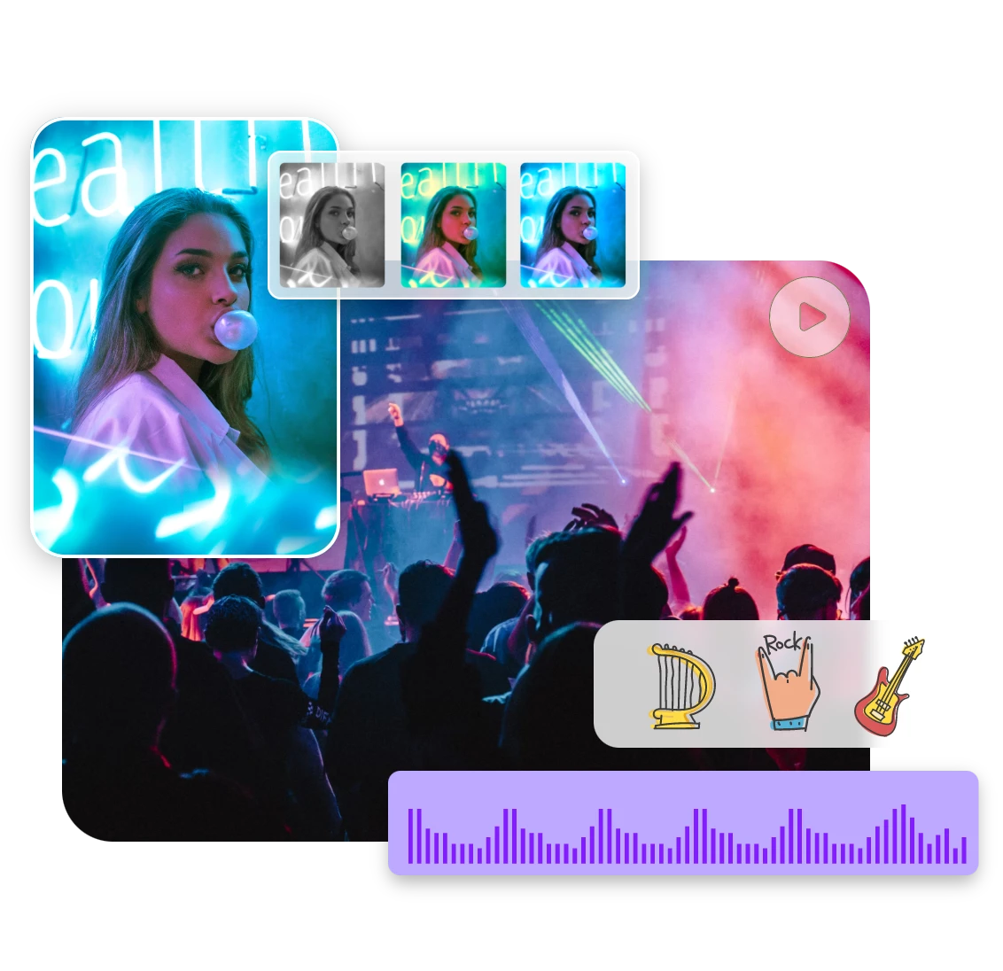 a bar scene video rich resources like different filters and stickers in clipfly online video editor