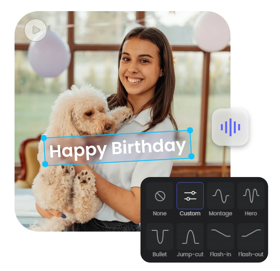 a woman holds a dog video add text to video adjust video speed and convert text to speech in clipfly