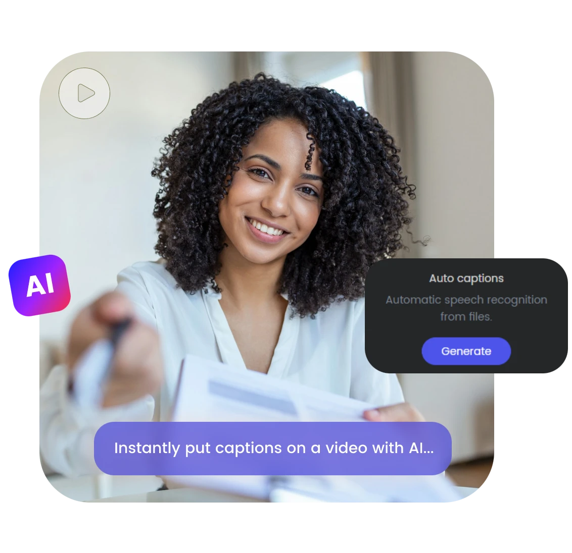 instantly generate subtitles online for a video featuring a woman with curly hair with ai auto captions tool of clipfly