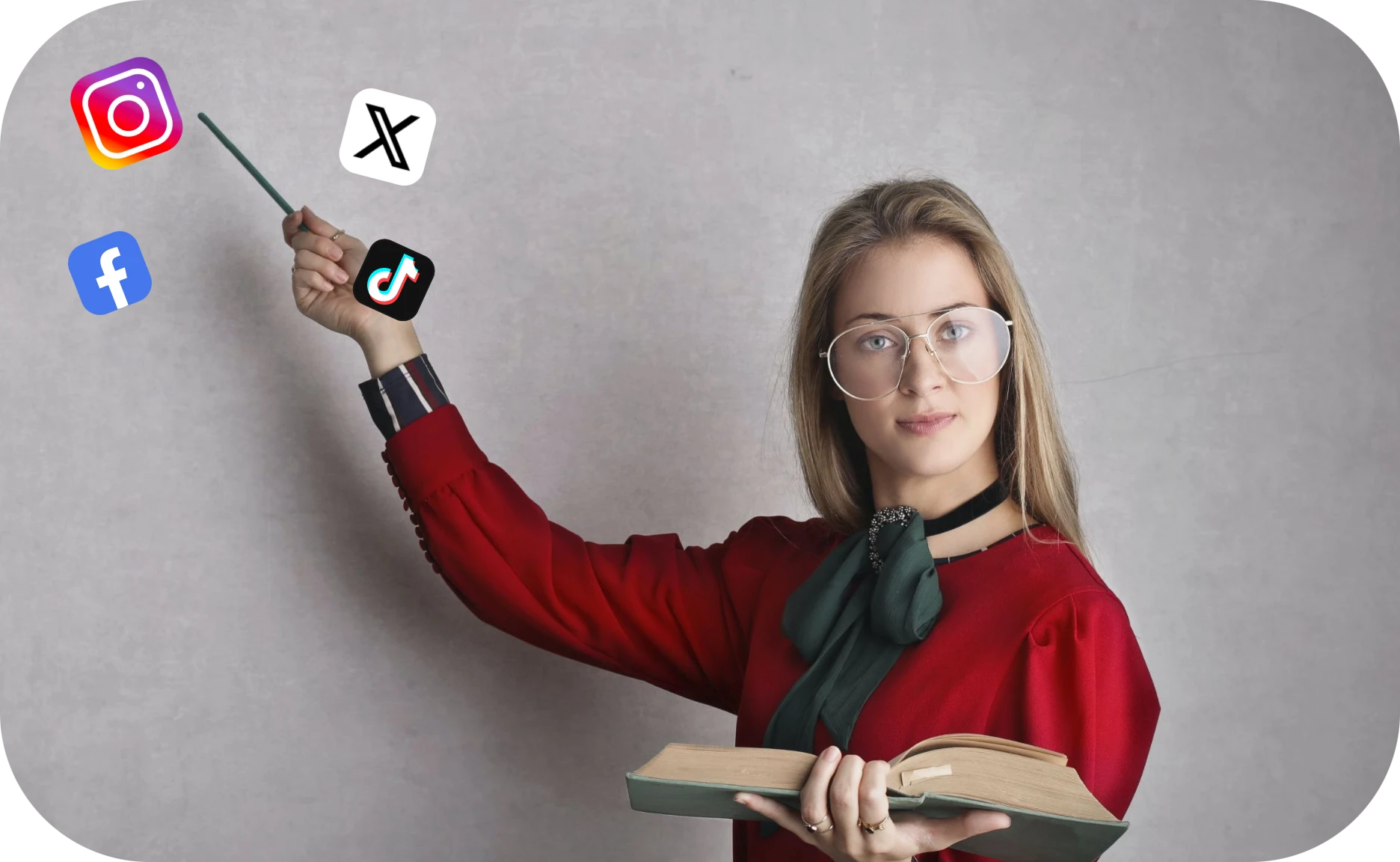 woman pointing to social media platform logos