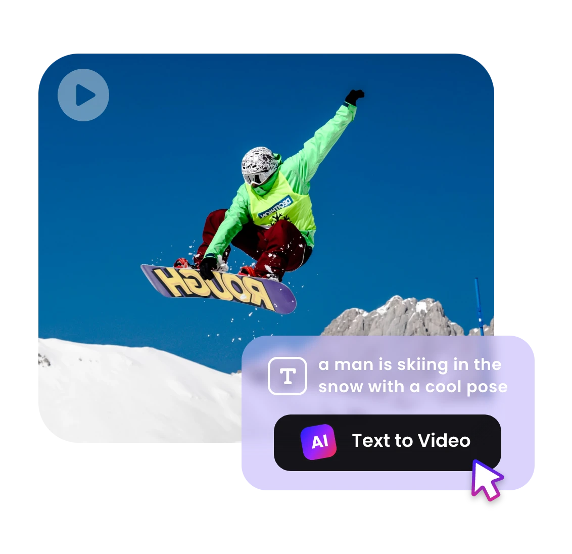 generate ai videos from a skiing man in the snow with a cool pose text prompt directly with clipfly