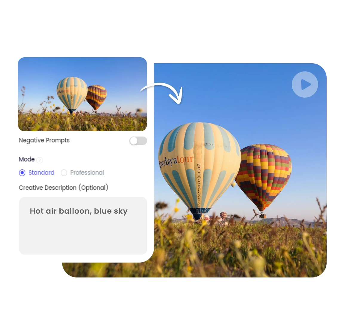 create videos from a hot air balloon image with prompts using clipfly ai video maker