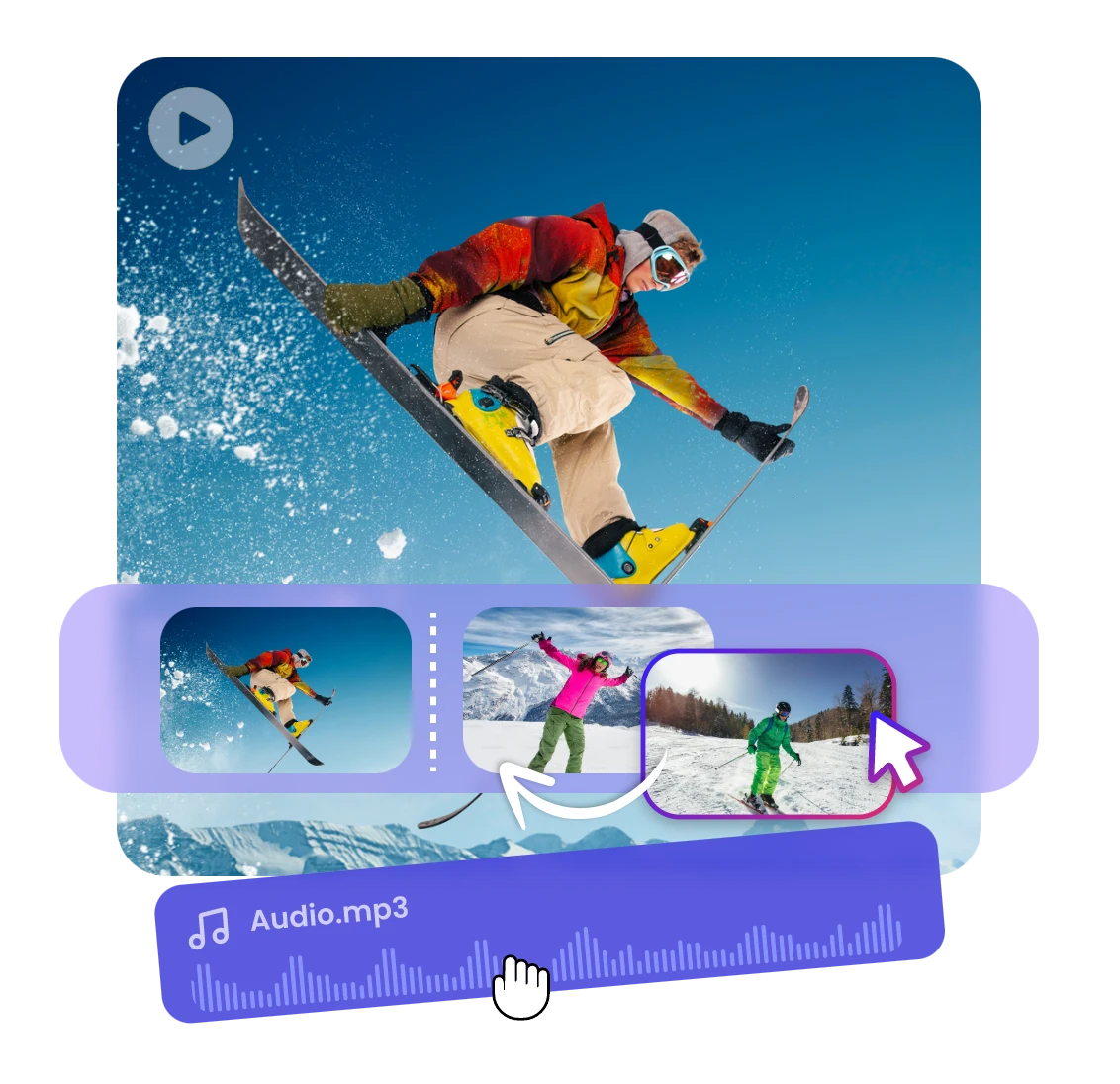 move clips or add audio to a video featuring skiers