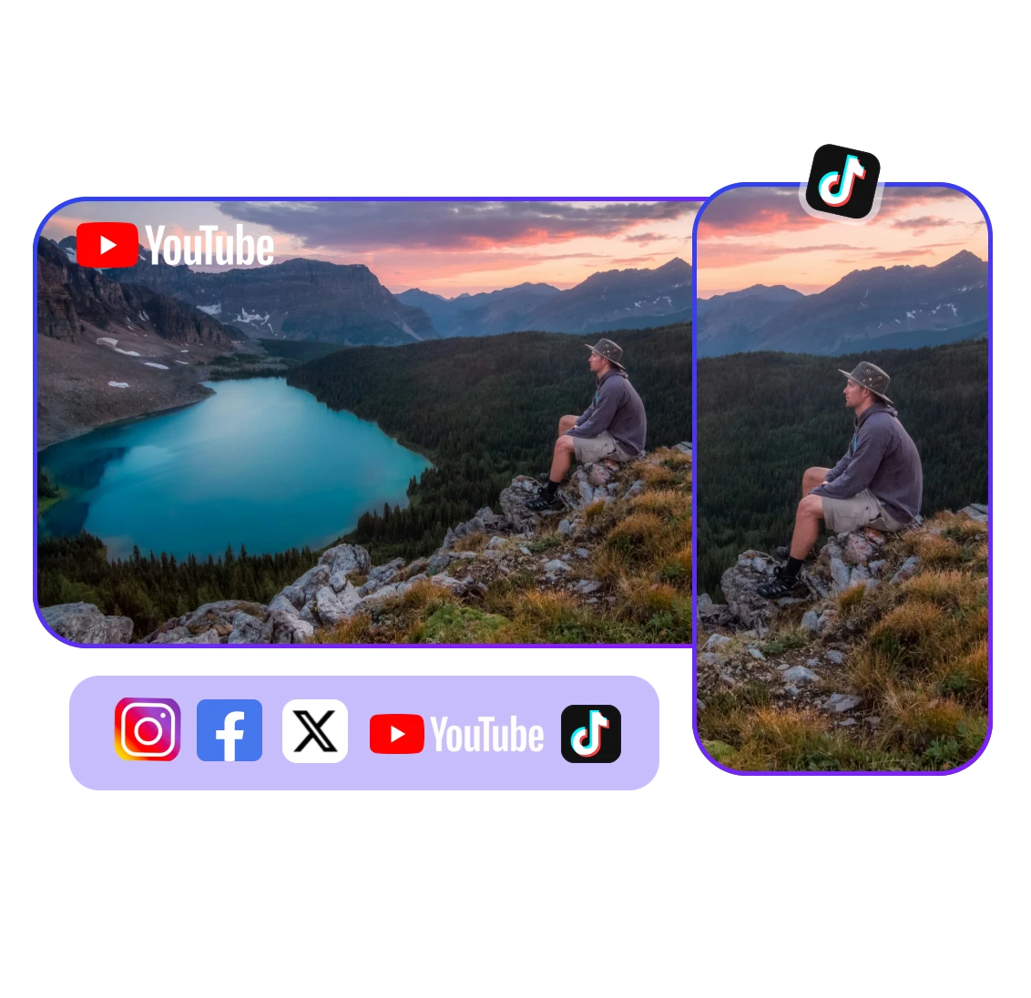 crop and resize the framing of a video featuring a man sitting by mountain lake  for TikTok YouTube and more social media platforms