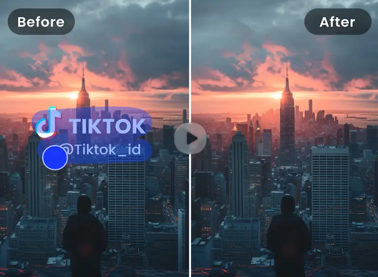 clipfly ai video watermark remover cover featuring TikTok watermark removed from cityscape video