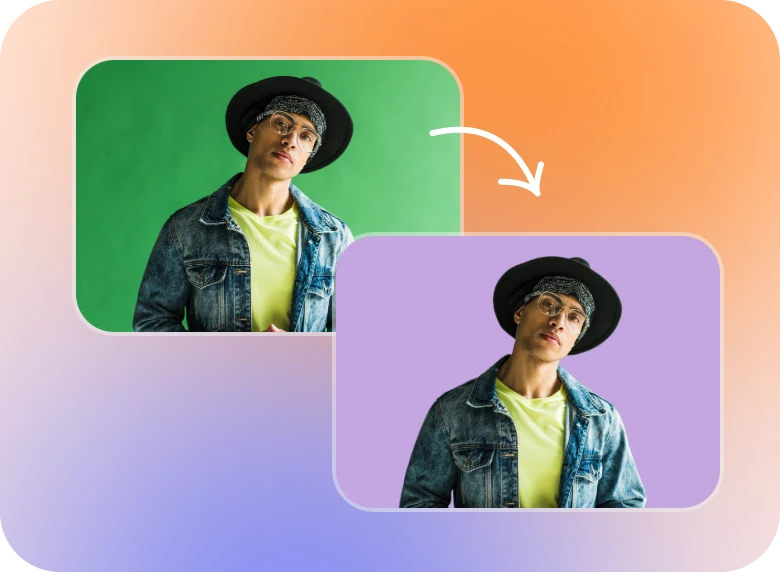 Change the green screen of a man wearing a hat into light purple background