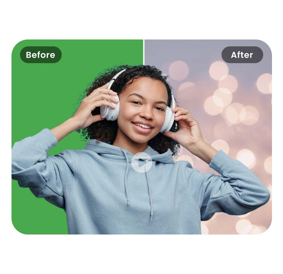 A girl wearing a headphones, half of the background is green screen and half is dreamy light