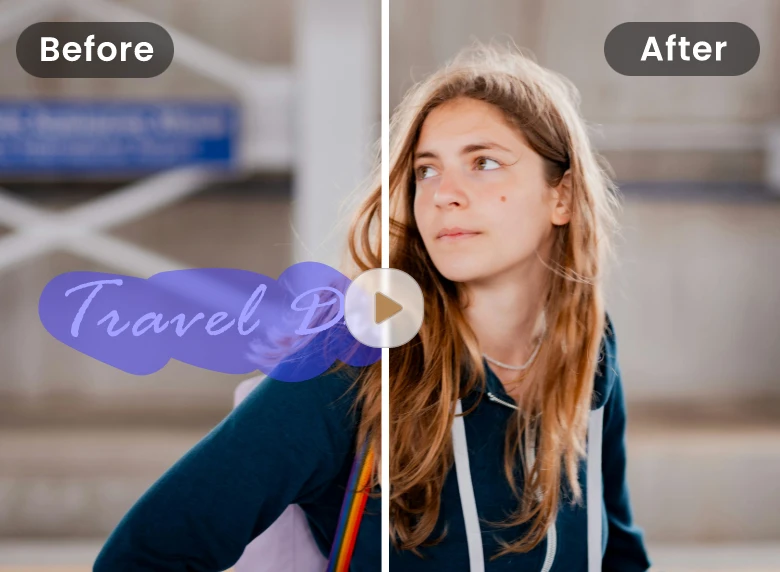 two photos of a girl to show the effects of removing text logo from a video