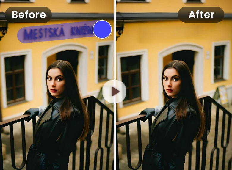 two photos of a girl to show the effects of removing background text from a video