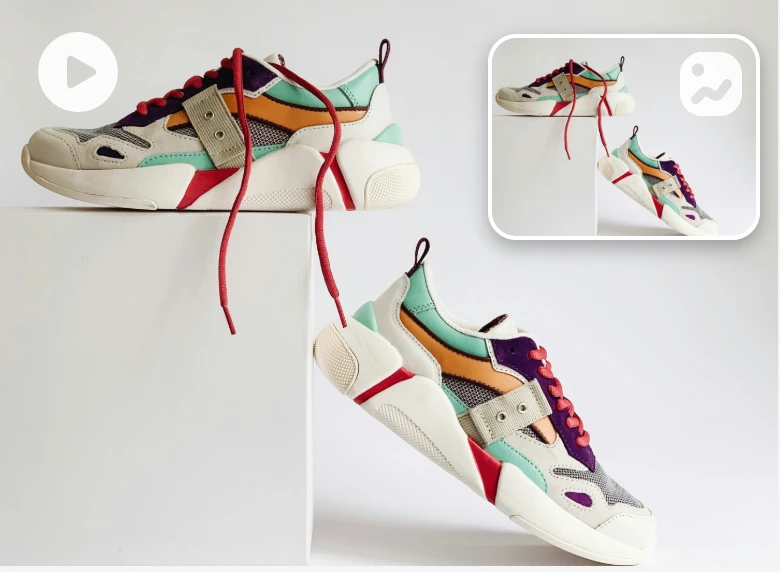 create a video converted from a photo of a colorful sneaker in two directions