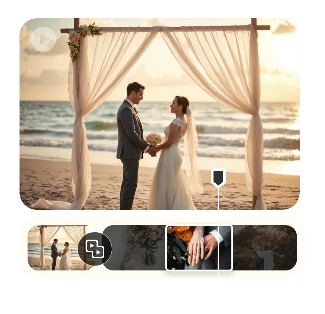 edit a wedding video of a married couple in front of a sea view at the sunset into a wedding video invitation