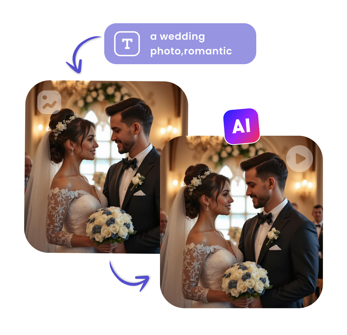 convet text to ai generated wedding photo and turn it into a video in clipfly