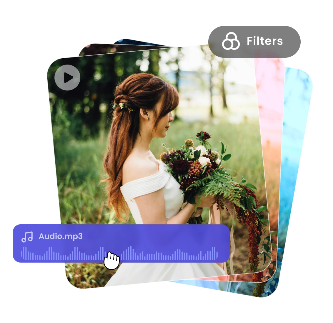 add music and apply filter to a wedding video of a lady wearing a white dress and holding flowers in clipfly