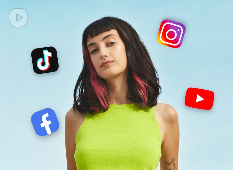 social media video maker of clipfly featuring a lady in a green dress with social media icons