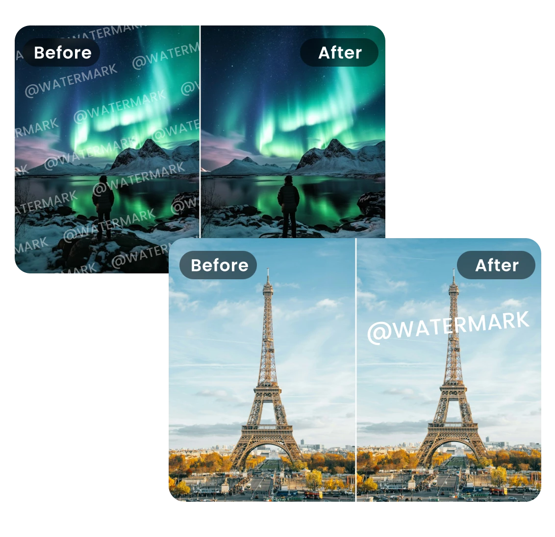 Remove watermark from Aurora video and add watermark to Eiffel Tower video