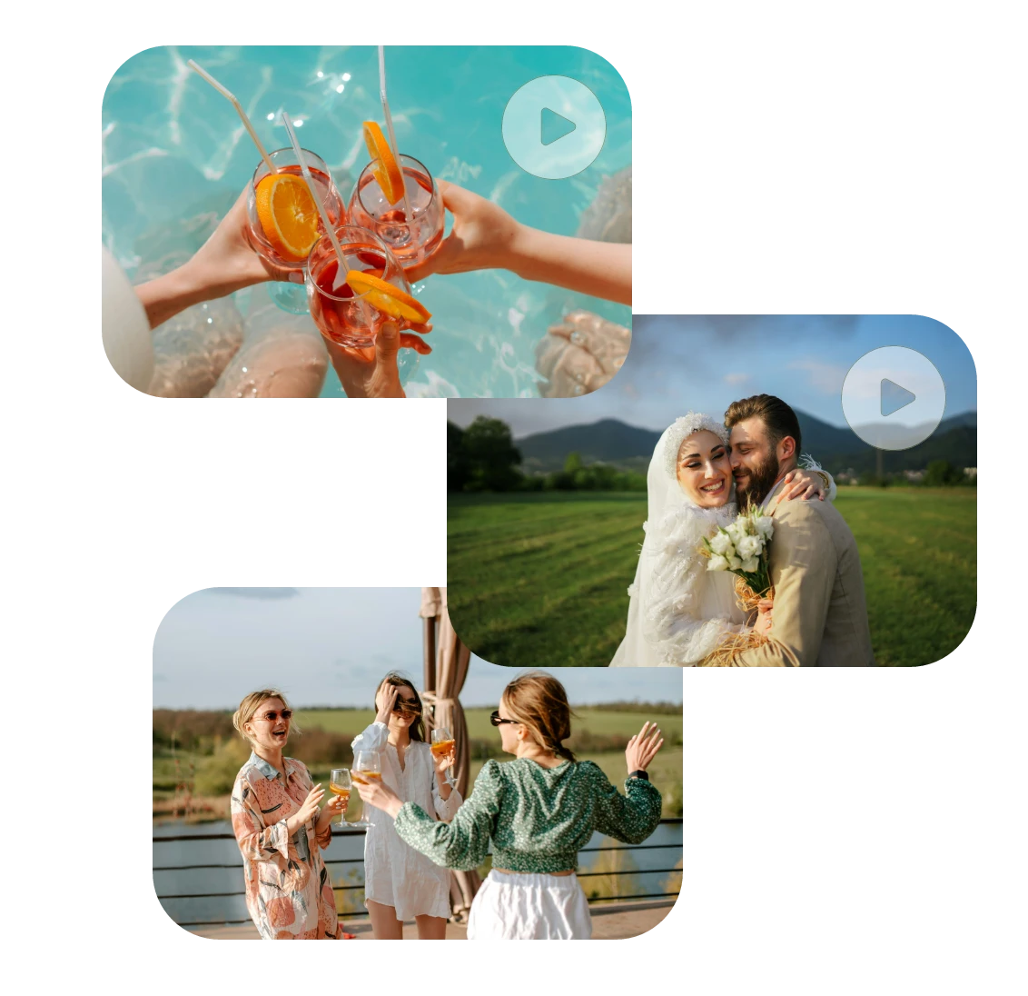 Three video clips of birthday party, wedding, and friend party