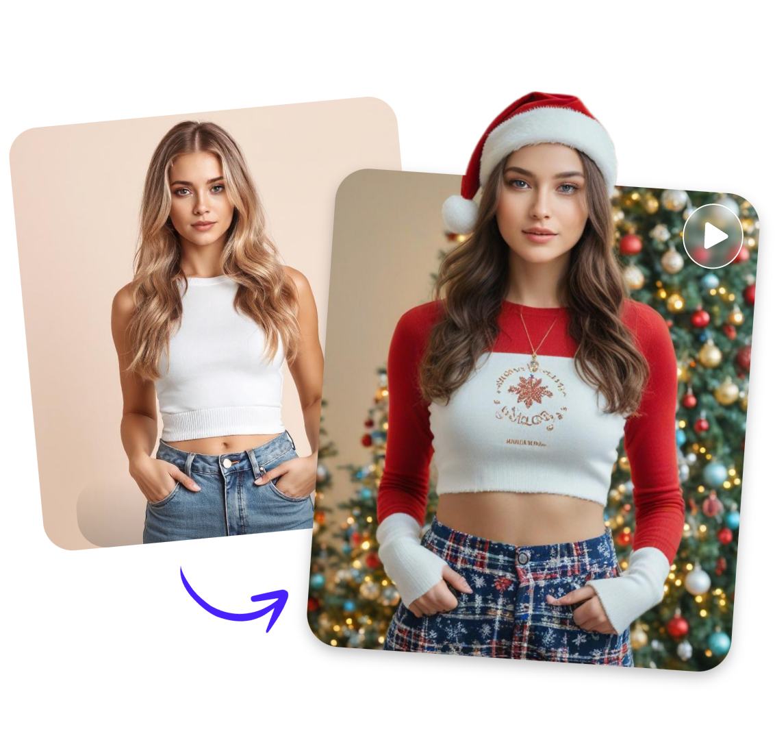 convert photo featuring a beautiful woman to Santa Claus style with AI