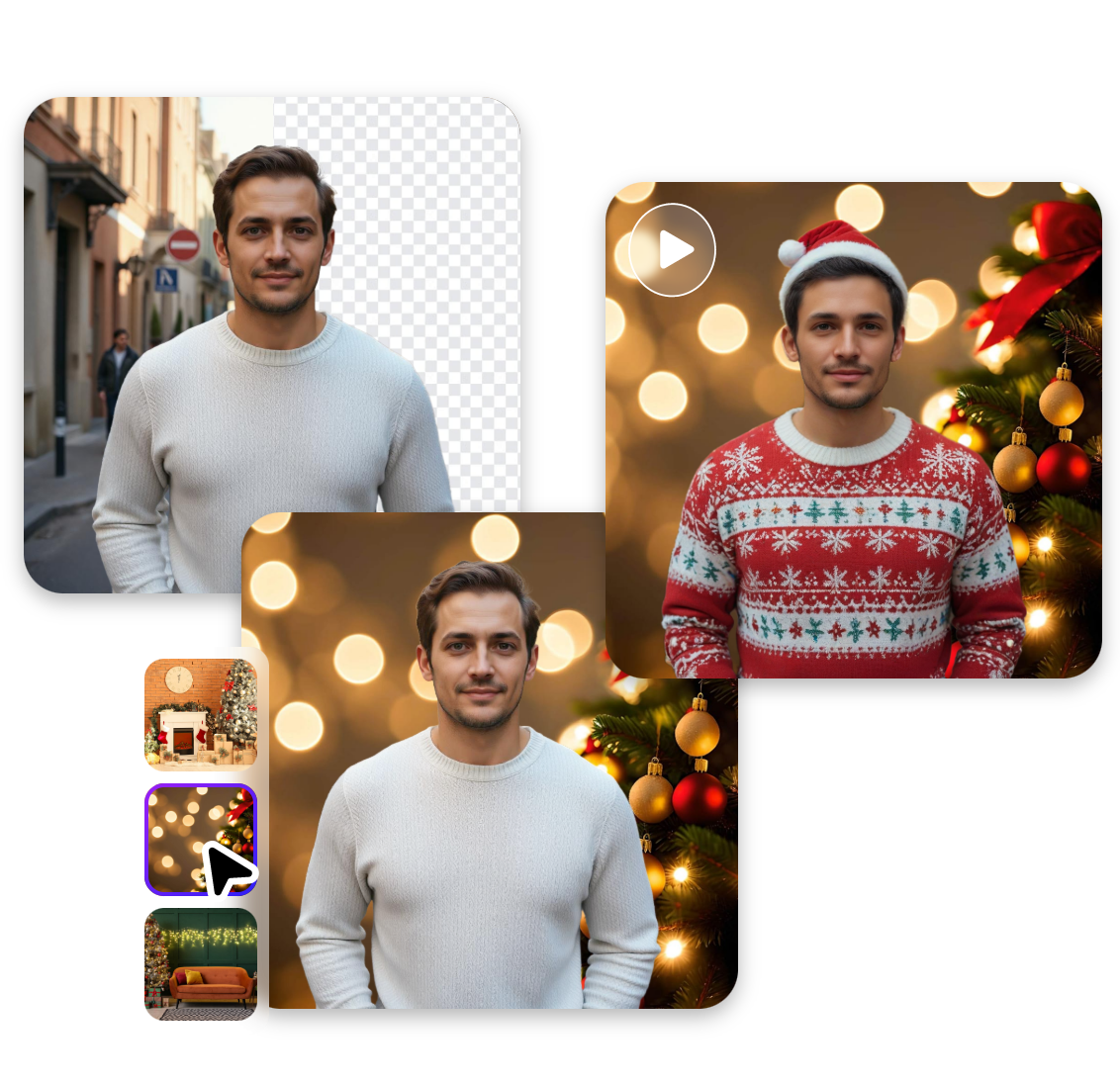 remove and change image backgrounds to Christmas styles before transform yourself into Santa Claus