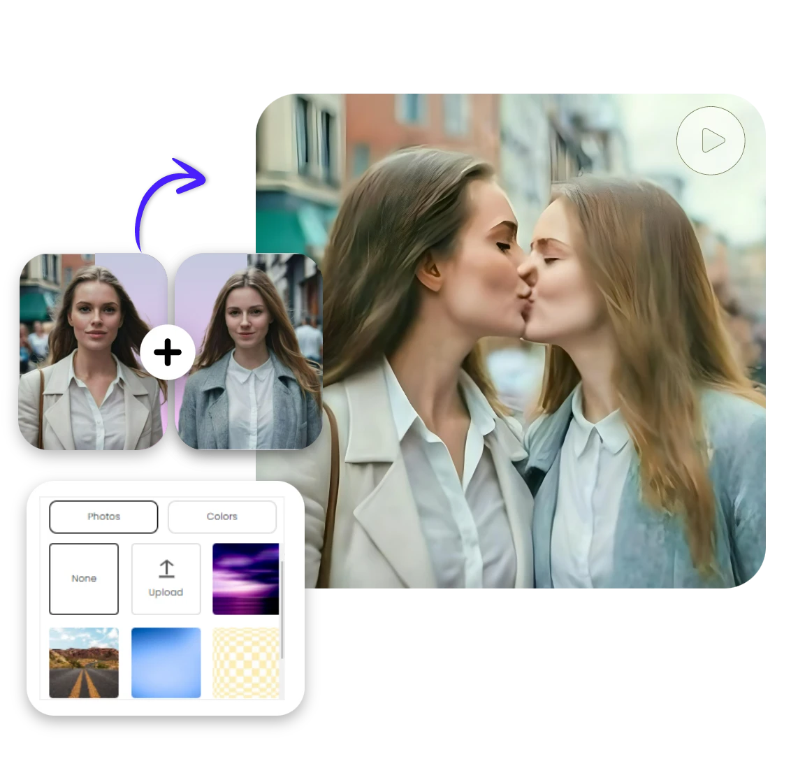 upload images and change backgrounds for the to-be-generated AI kiss video