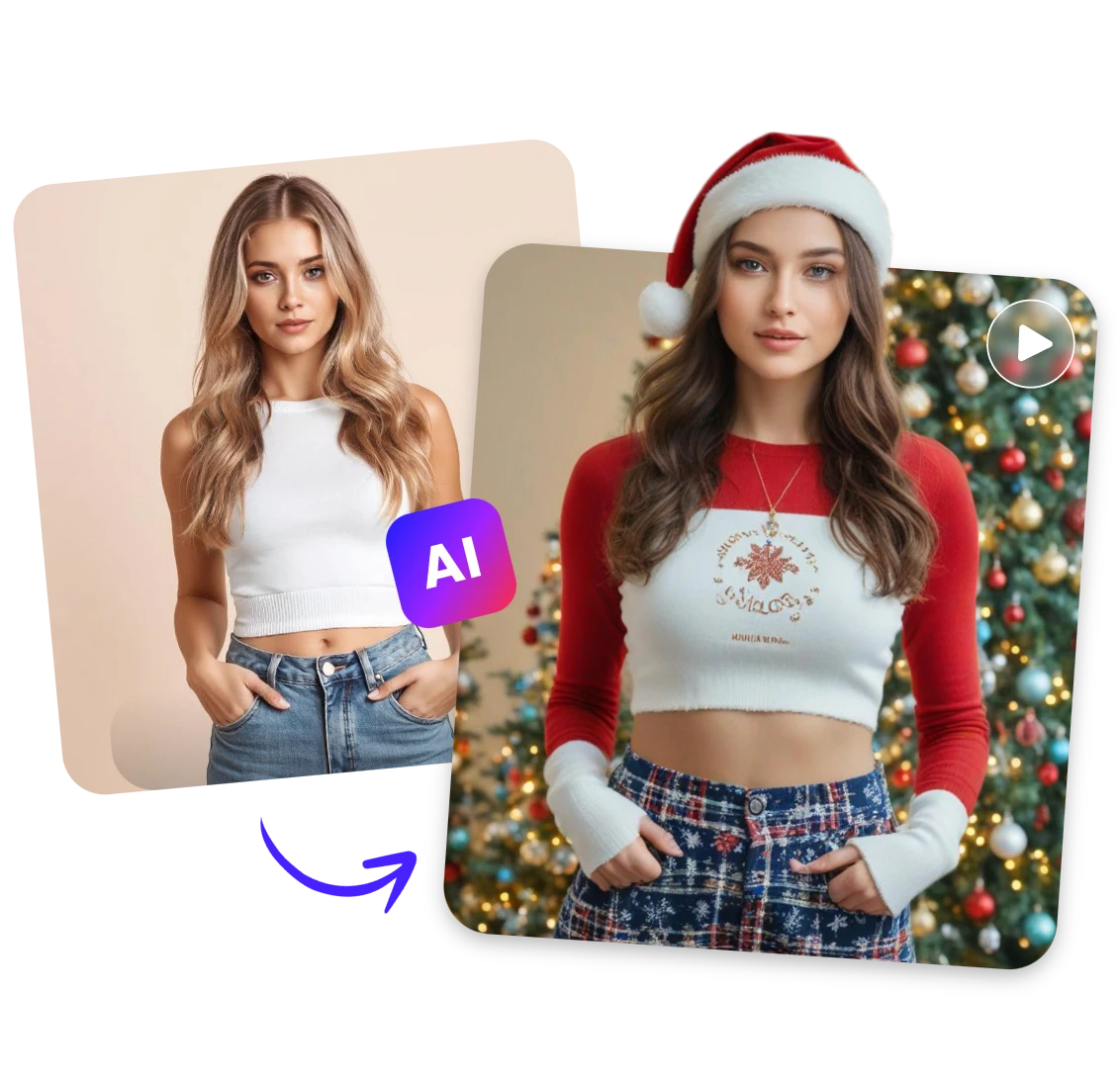 convert photo featuring a beautiful woman to Santa Claus style with AI