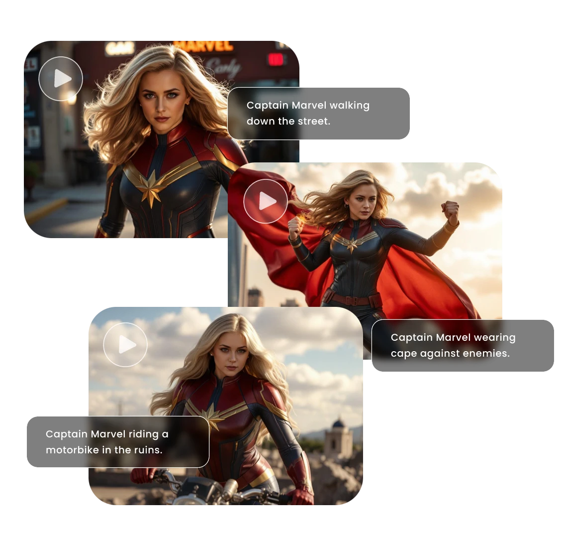 custom prompts to generate Captain Marvel cosplay videos in different gestures