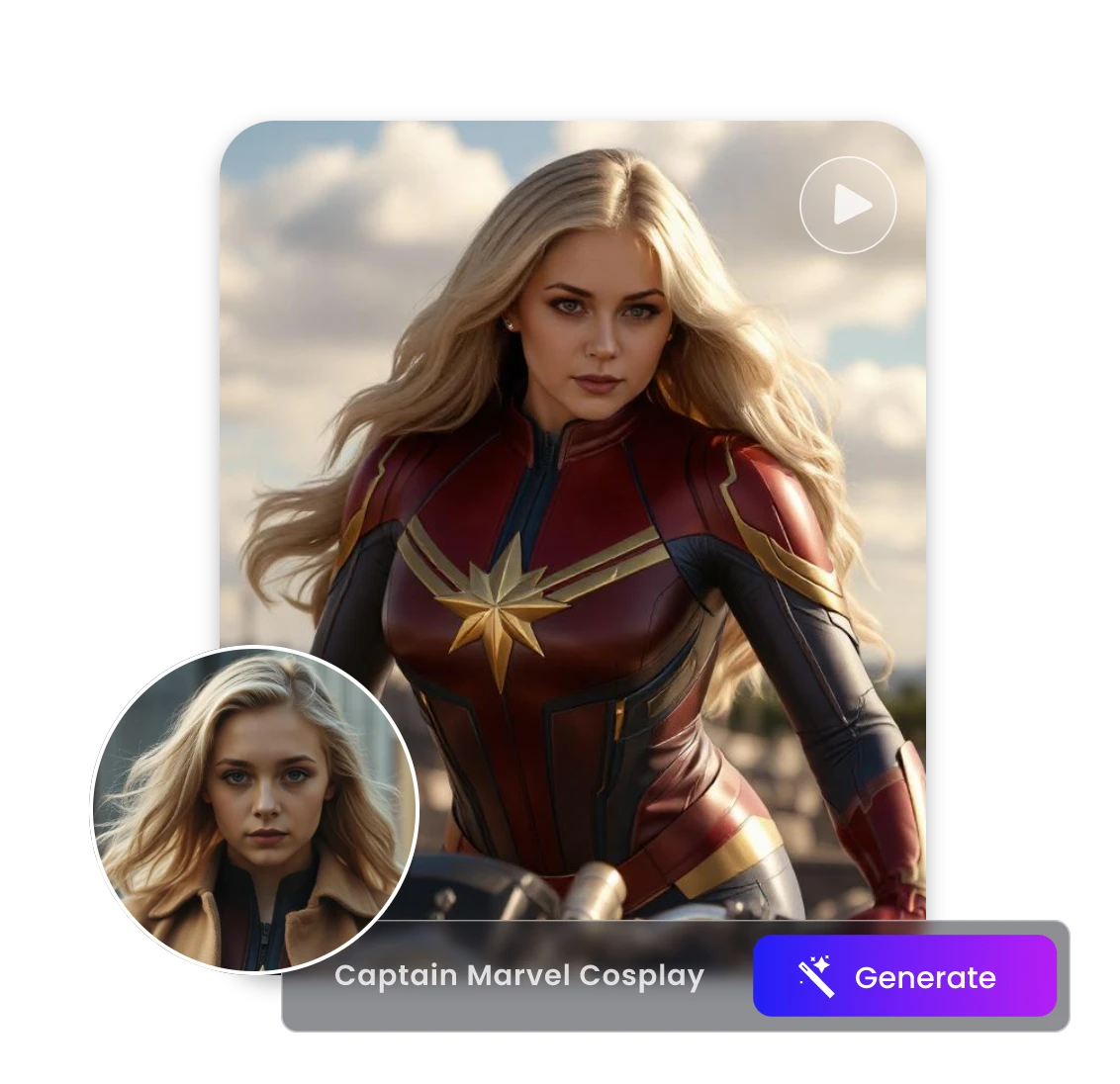 Use Cliplfy AI cosplay generator to cosplay Captain Marvel