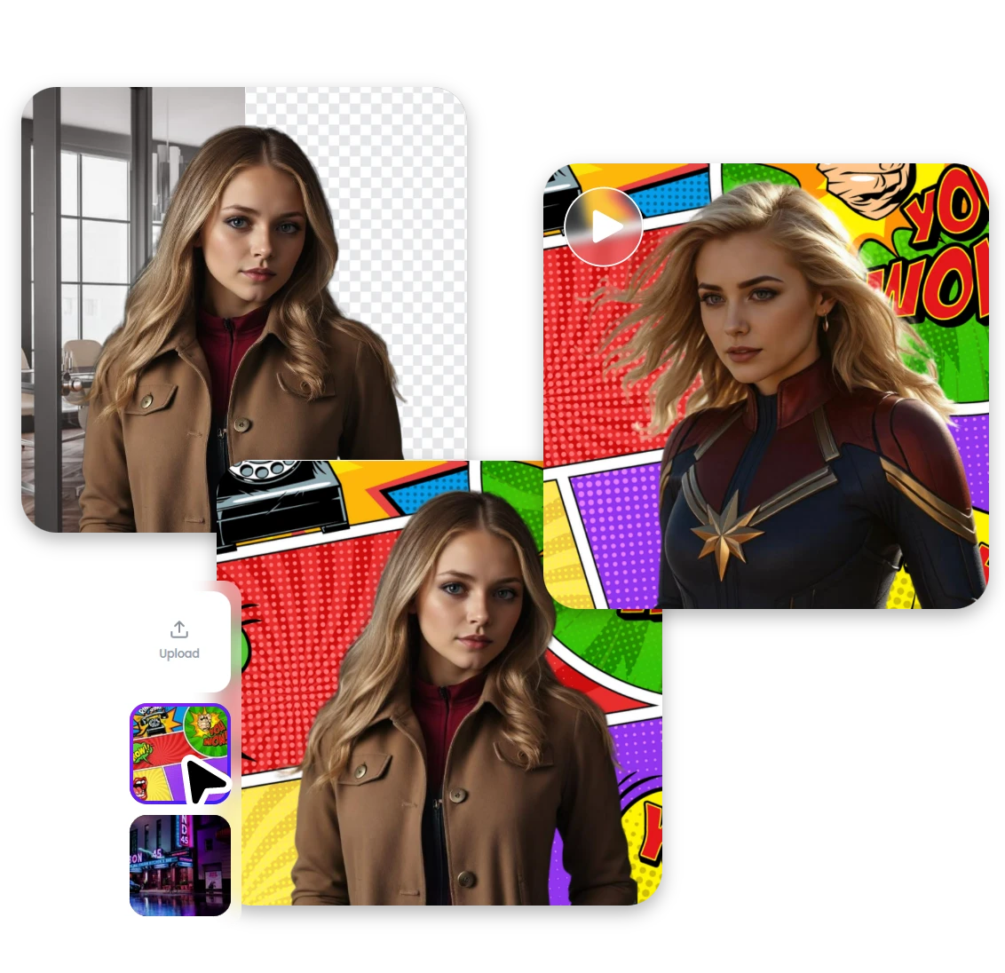 Change the superhero background of the original and generated image as you like