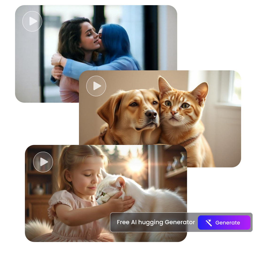 generate three different subject hugging videos using AI