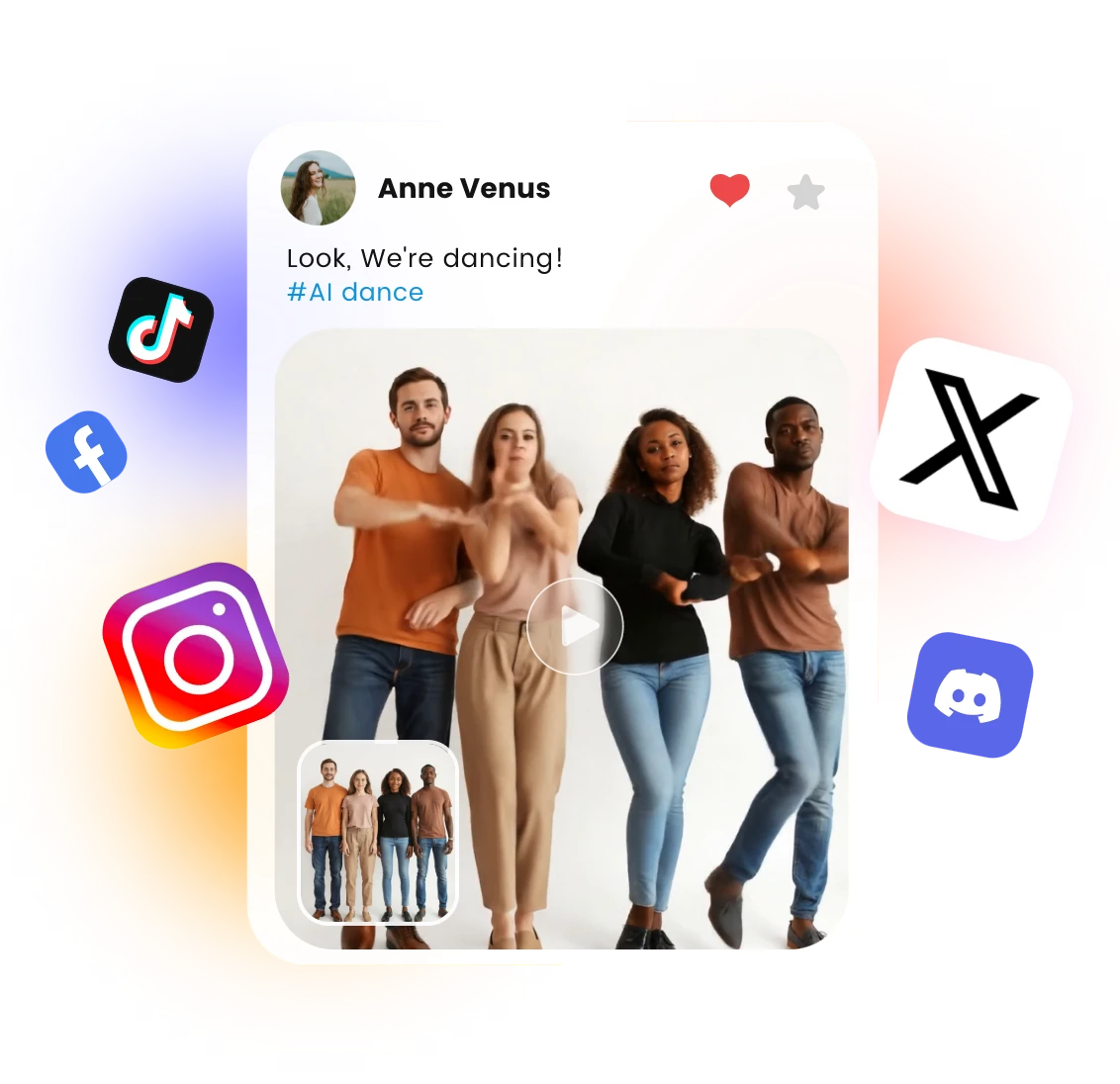 share AI generated multiple-people dancing videos on social media platforms and go viral