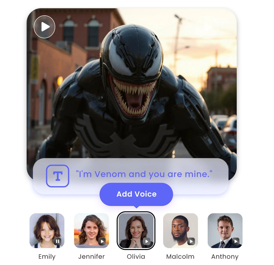 Enter the text "I'm Venom and you are mine" to add voice to Venom video