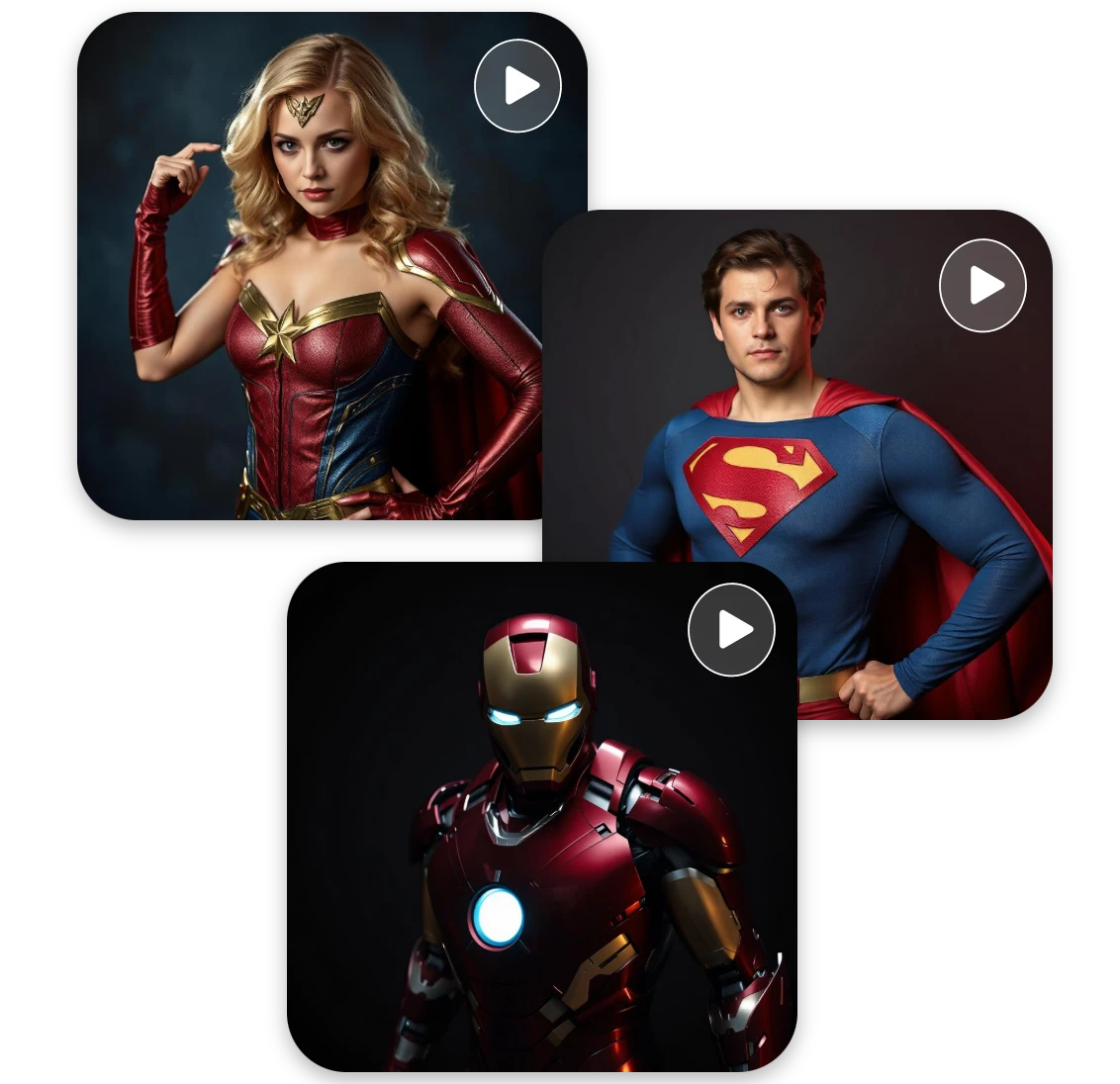 Display three superhero cosplay images of Captain Marvel, Superman, and Iron man