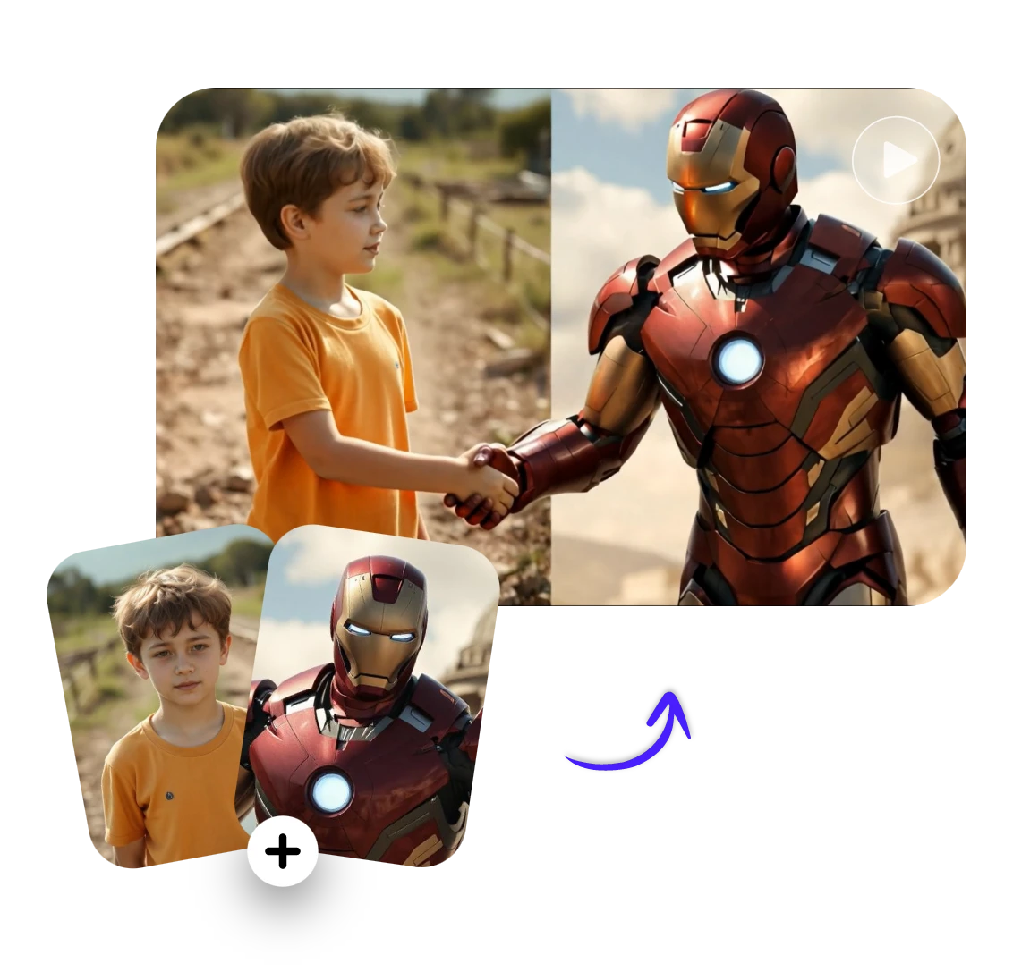 make a photo of a kid and a picture of iron man shake hands in clipfly ai handshake video generator