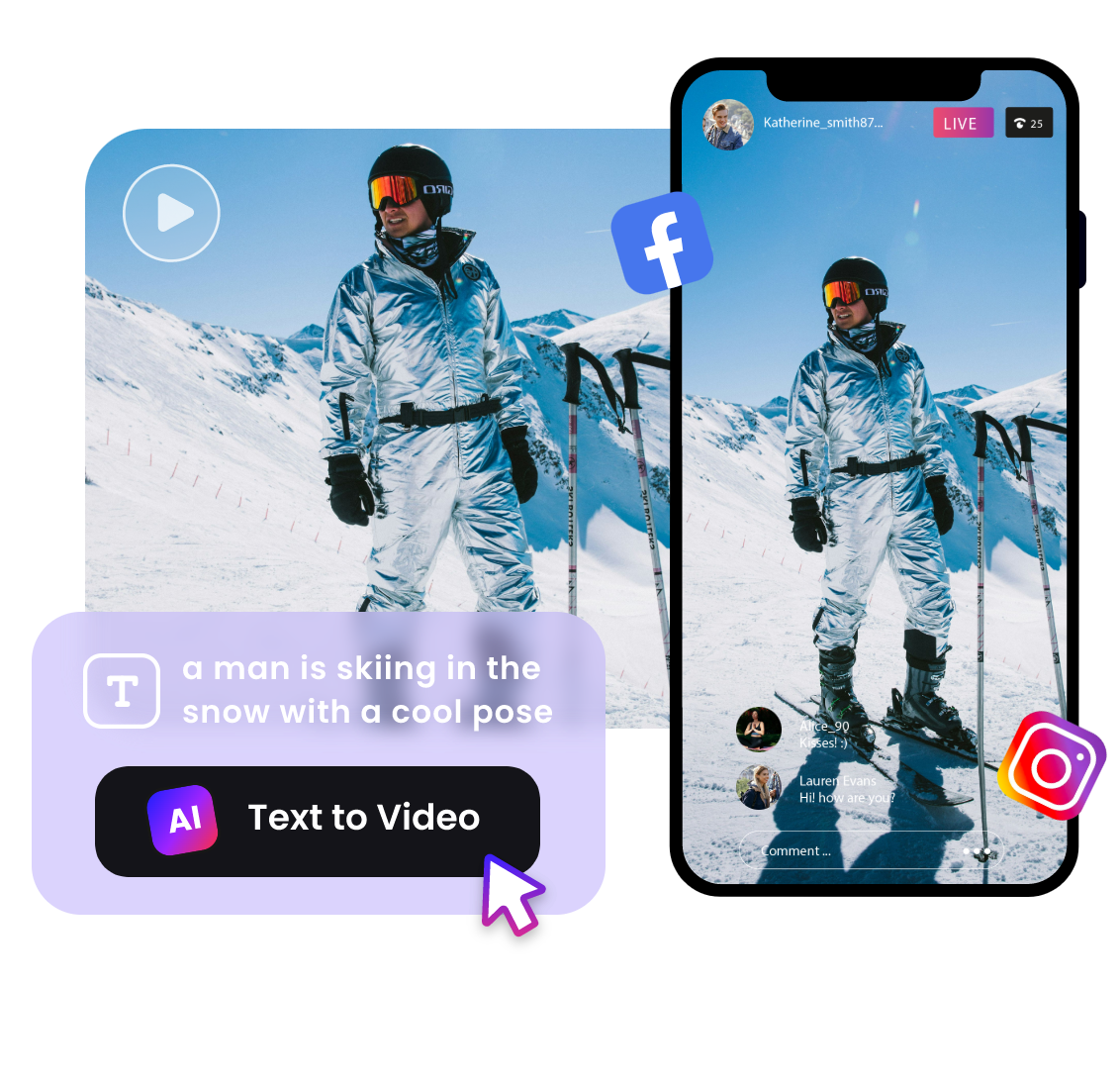 generate an ai video of a skiing man to make a reel for fb or ig