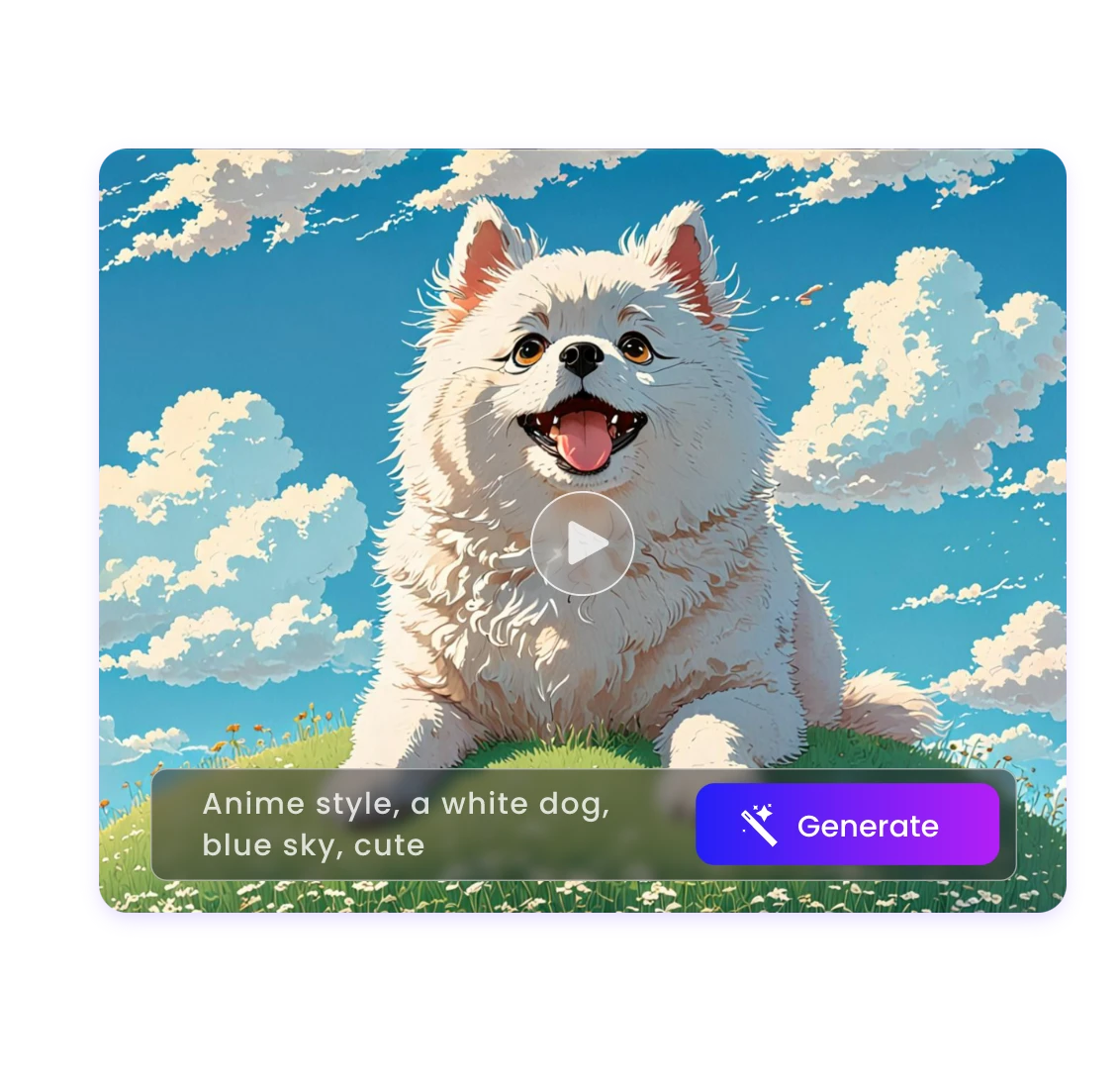 Clipfly AI anime video maker from text featuring a white dog