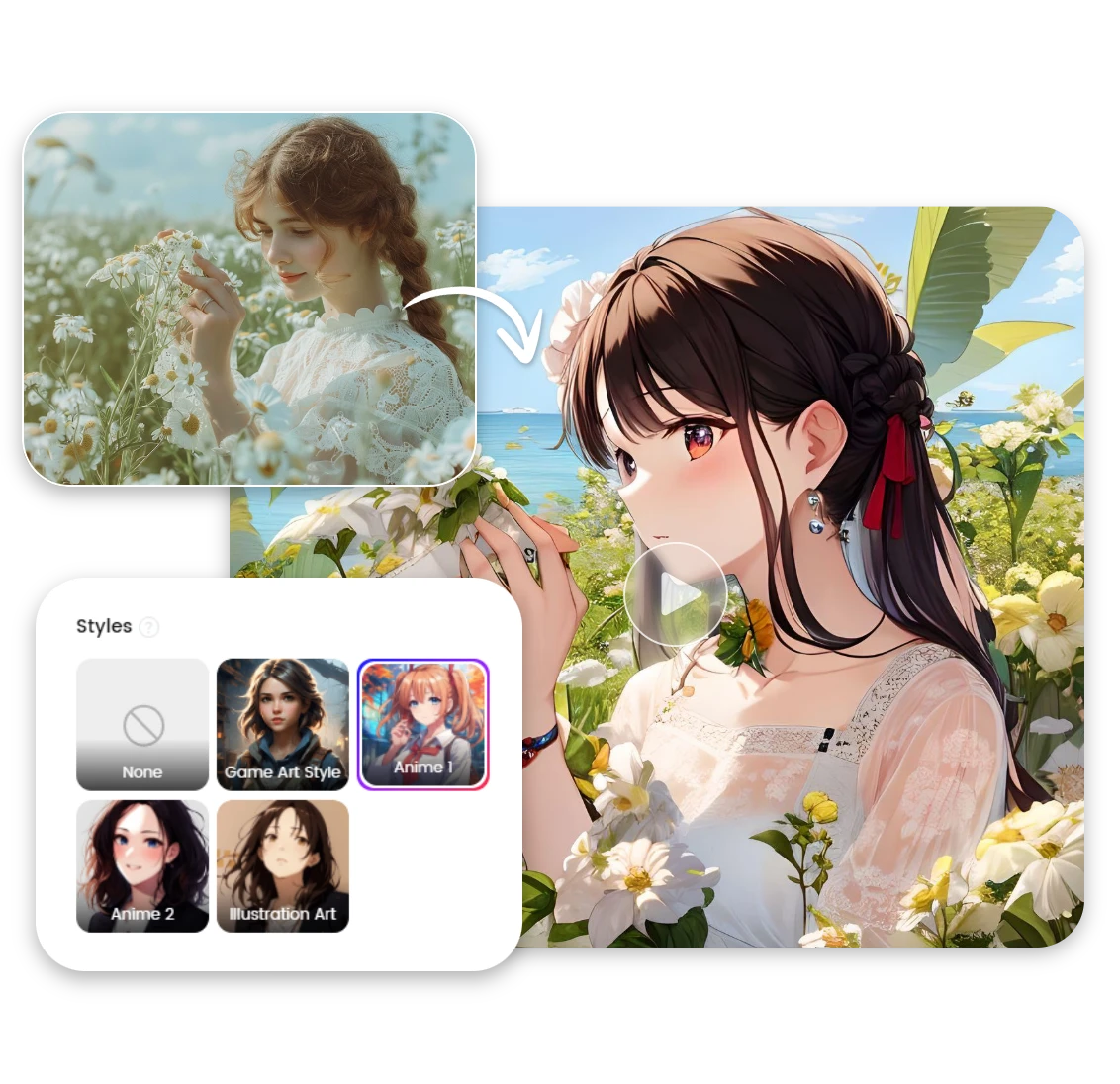 Clipfly AI anime video creator from image with multiple styles featuring a beautiful girl