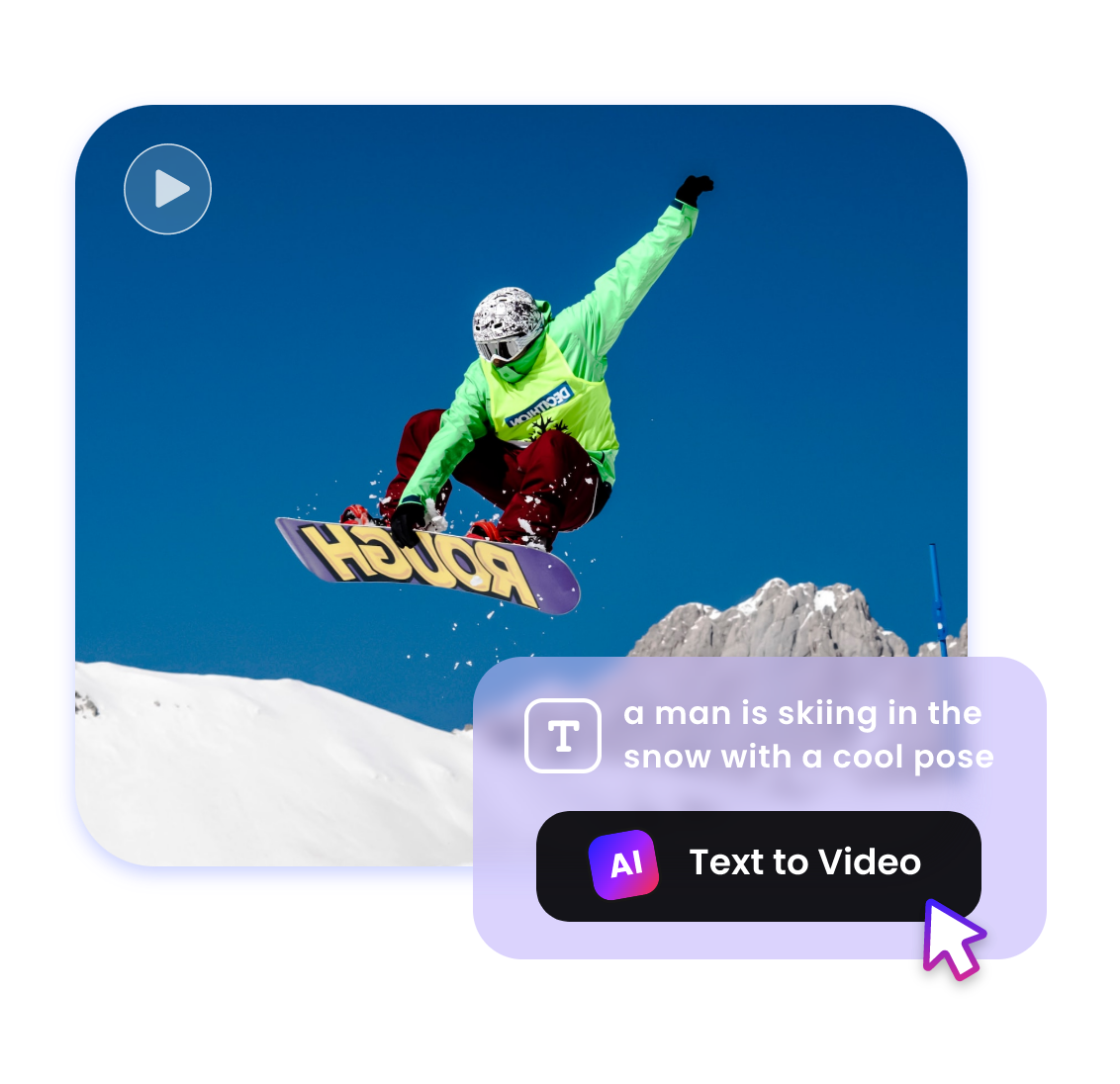 generate AI videos from a skiing man in the snow with a cool pose text prompt directly with clipfly