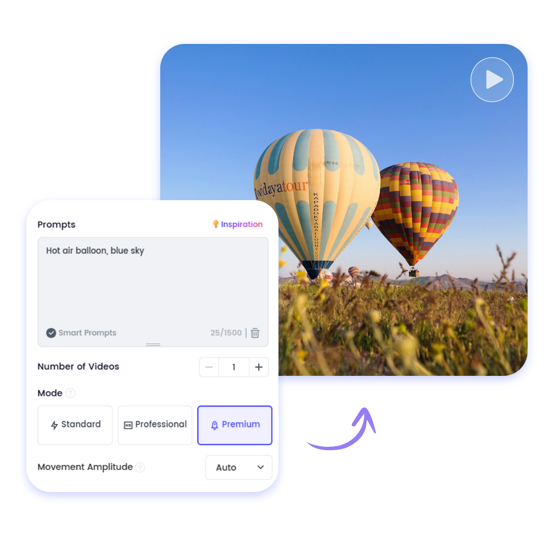 create a video from a hot air balloon image with prompts using Clipfly AI video maker