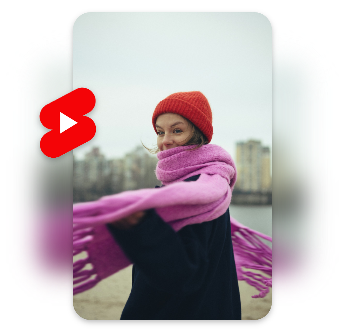 create a youtube shorts of a female with a pink scarf and a red hat