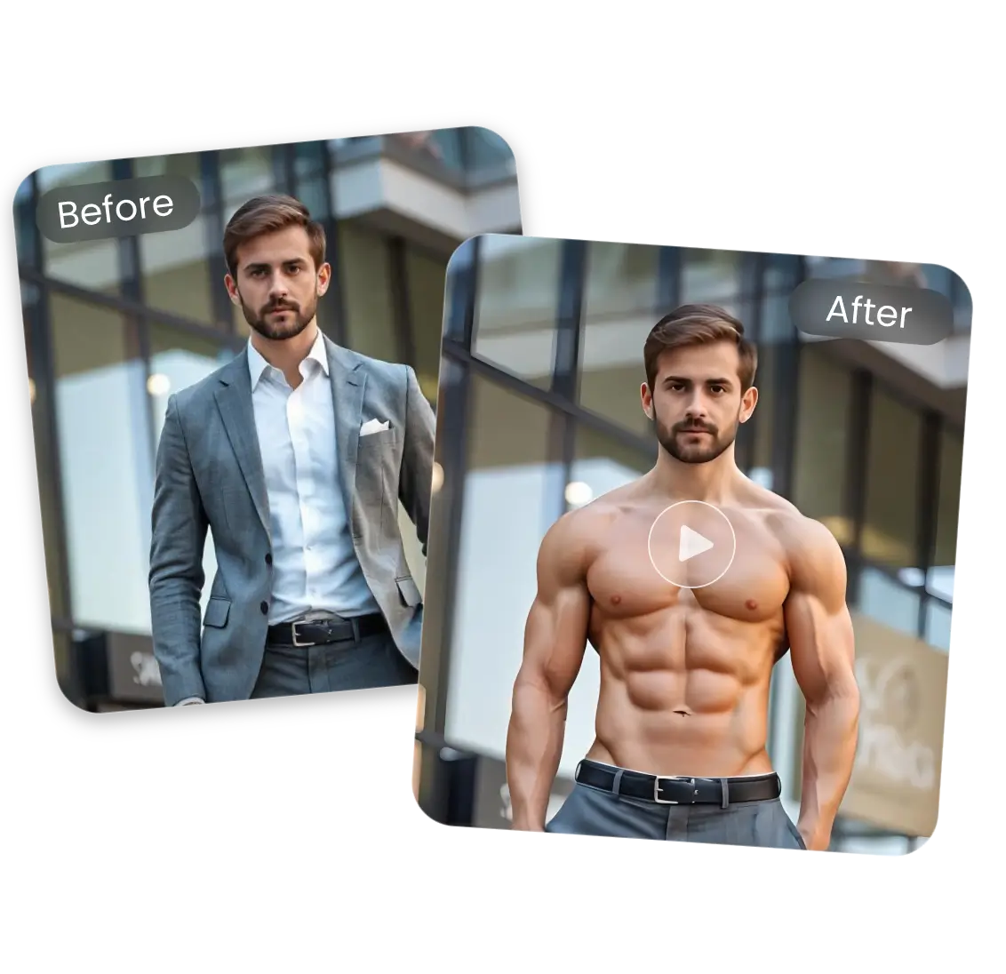 generate a video of a man in a suit growing muscles from a photo using ai