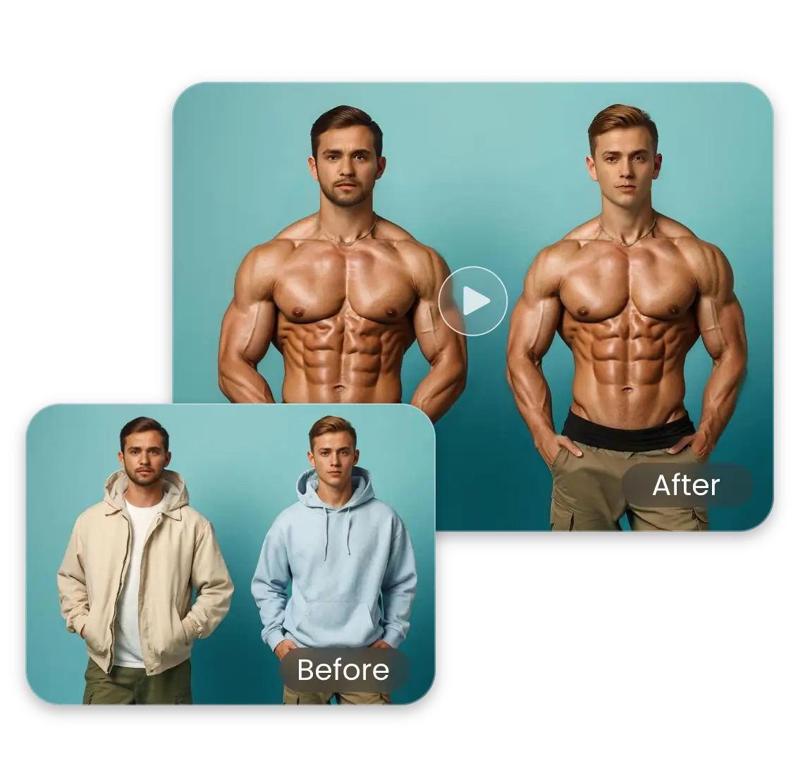 generate a video of muscle growth for the two men in the image