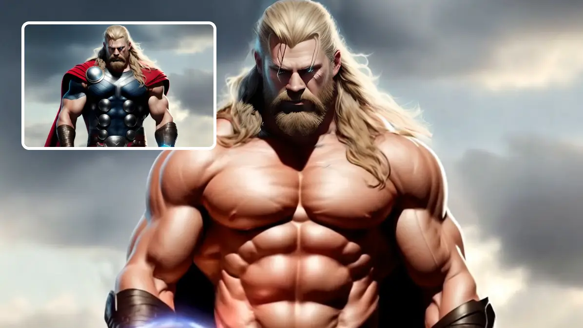 generate a muscle growth video of the character thor with ai