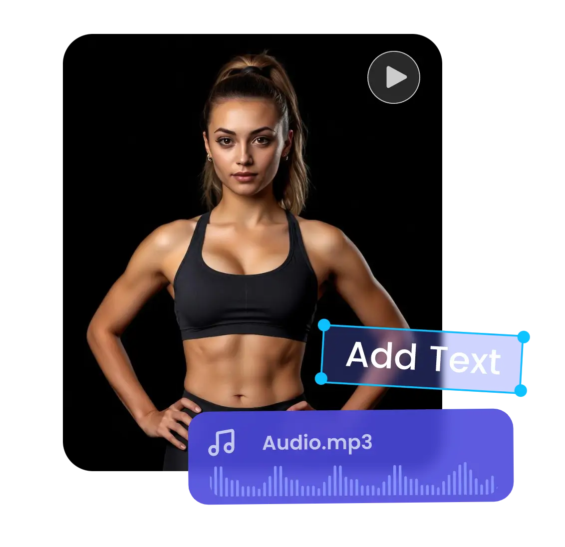 add audio and text to a muscle growth video of a muscular woman