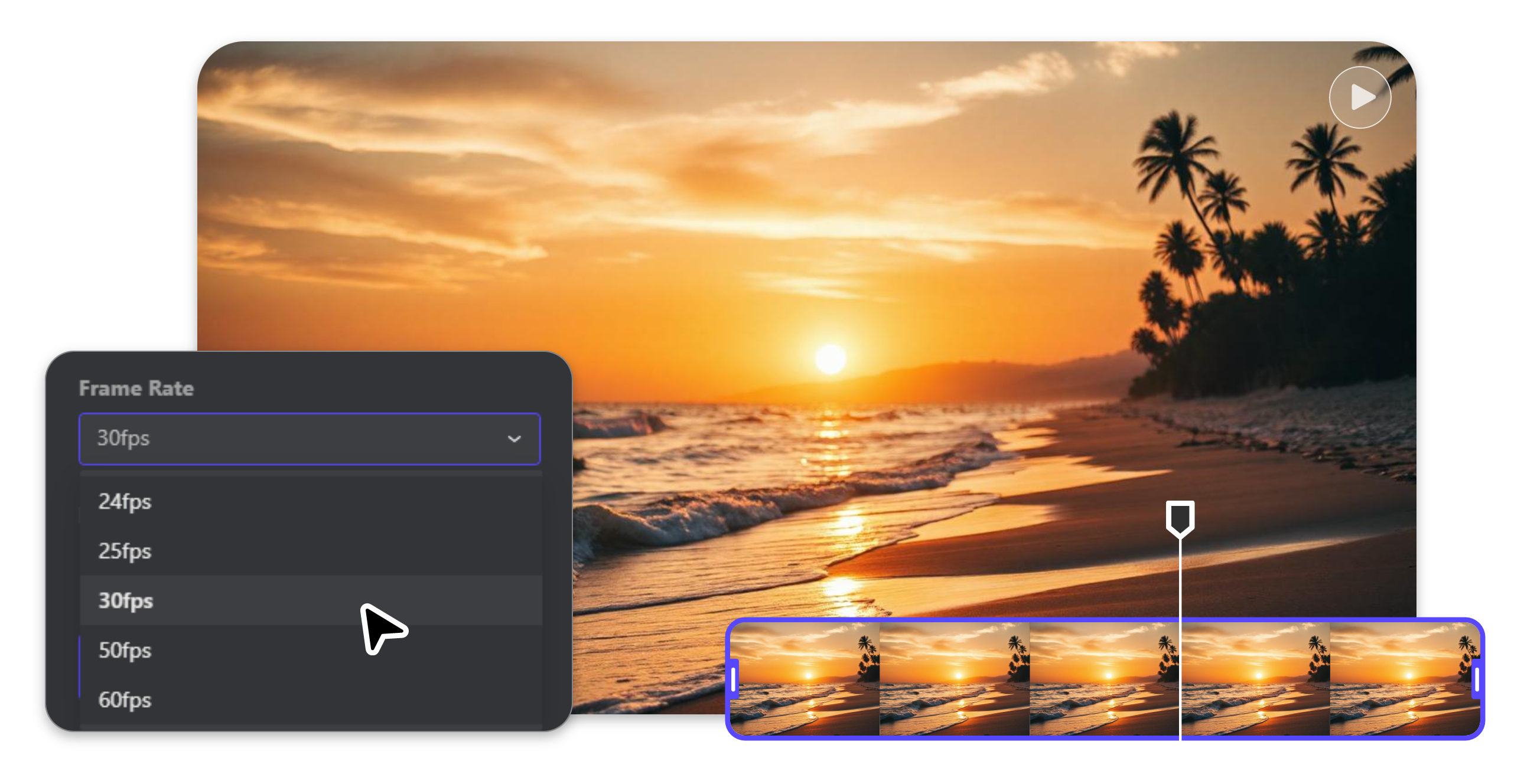 banner image for clipfly frame rate converter featuring a beach view video with frame rate tool