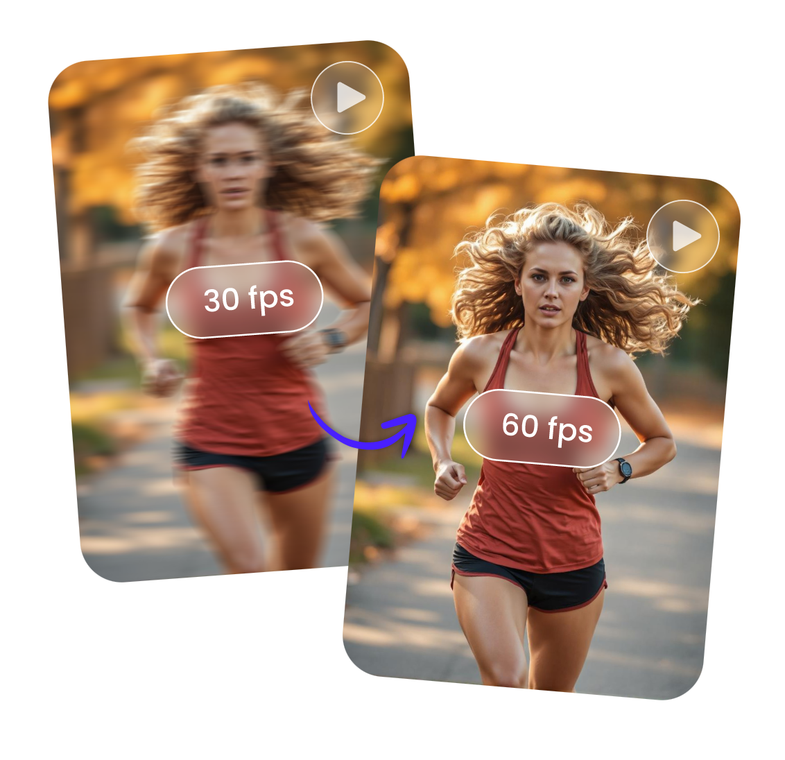 increase of 30 fps video of a running lady to 60 fps in clipfly frame rate converter