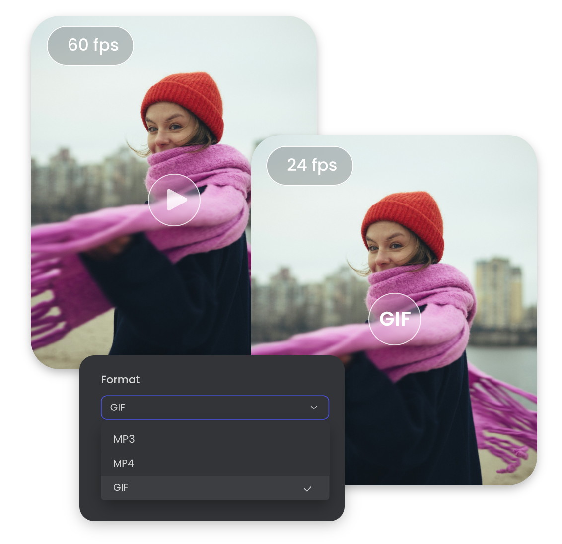 change a 60 fps video of a lady with a pink scarf to a 24 fps gif