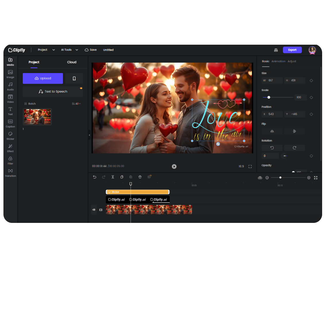 the interface of valentines day video maker in clipfly