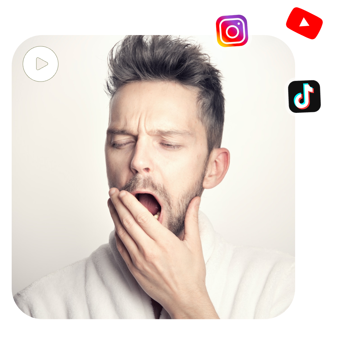a meme video of a man yawning and icons of Instagram, YouTube, and TikTok