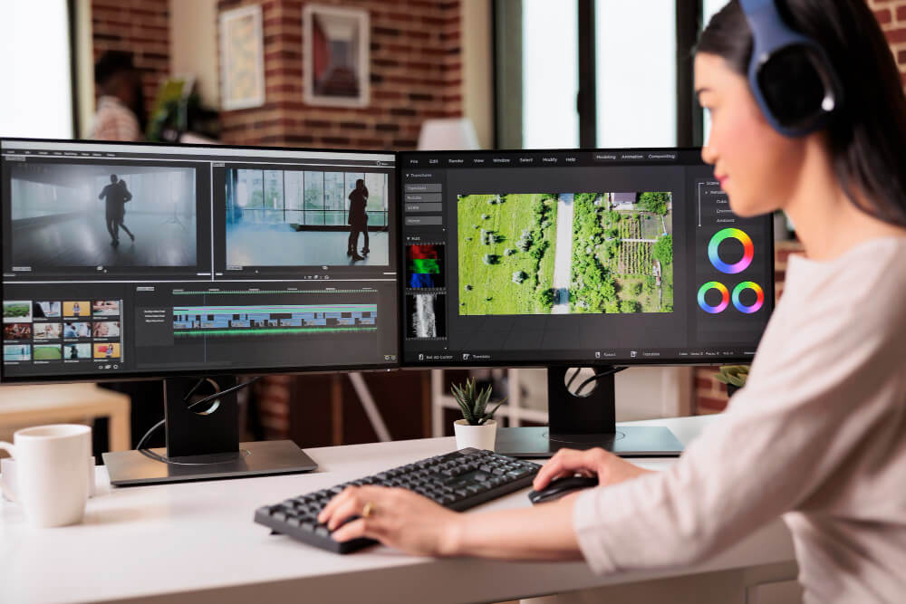 a woman is editing a video with video editor on a laptop